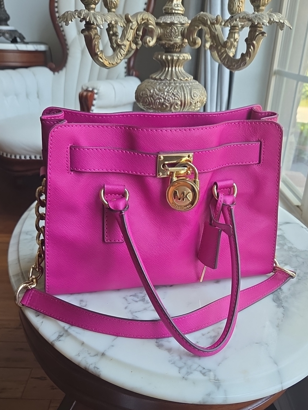 Michael Kors Hot Pink/ Purple Saffiano Leather Satchel with Gold Hardware